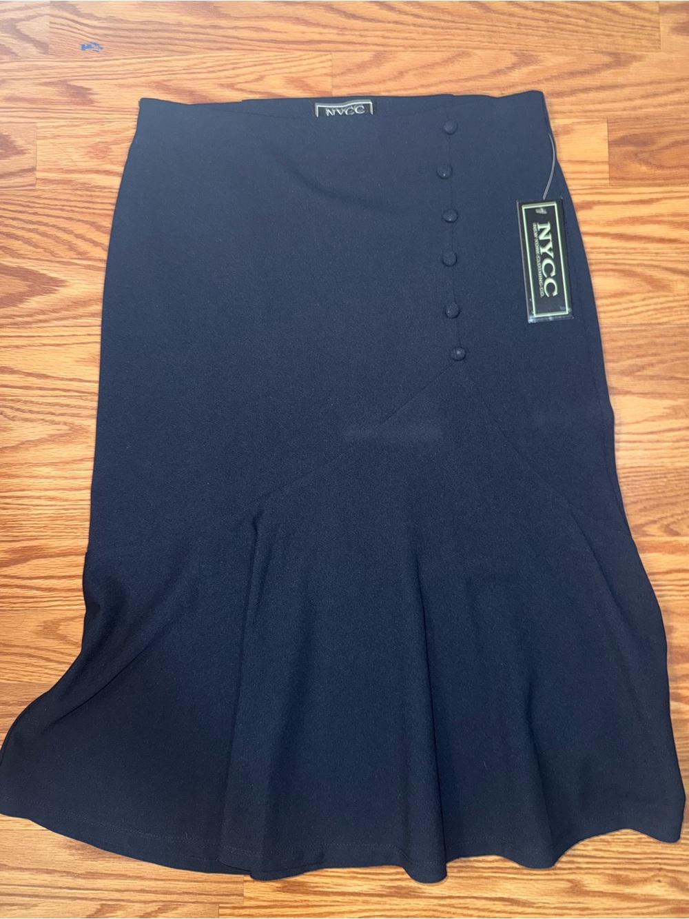 NYC Navy Blue A-Line Flared Midi Skirt with Side Button Detail